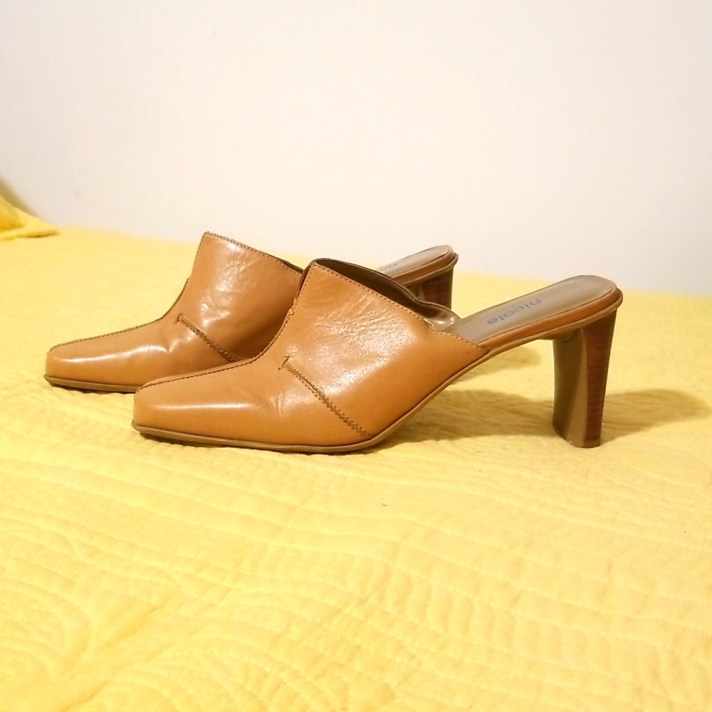 Nicole leather camel healed mule type women's shoe.